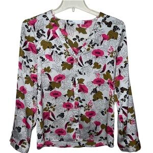 Zara White and Pink Floral Vneck Blouse Size Small